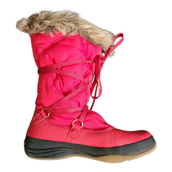 Lands End Faux Fur Trim Red Lace Up Winter Boots Women's 6.5B - Picture 2 of 12